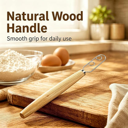 Digead Danish Dough Whisk, 304 Stainless Steel Dutch Whisk with Wooden Handle – Ergonomic Manual Mixing Tool for Home Baking: Heavy Dough, Sourdough Bread, Pizza Dough, Cake Batter (13 inch)