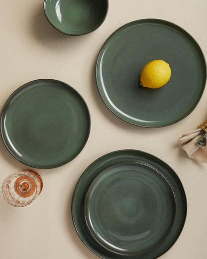 Pokini Plates and Bowls Sets for Family of 6, Ceramic Dinnerware Sets, Kitchen Dish Set, Microwave & Dishwasher Safe Dishware, Highly Durable Reactive Glazed Dinner Set, Forest Green
