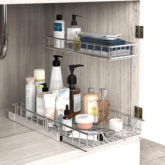 Simple Houseware 2-Tier (L+M) Organizer Pull Out Under Cabinet Sliding Shelf, Chrome