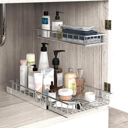 Simple Houseware 2-Tier (L+M) Organizer Pull Out Under Cabinet Sliding Shelf, Chrome