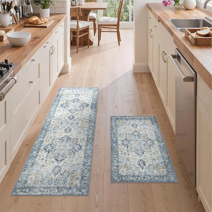 GENIMO Kitchen Rugs Non Slip Washable, 2PCS Kitchen Mats for Floor, Cushioned Standing Mat, Kitchen Runner Rug Floor Mat for Kitchen Decor, Laundry, Sink, Entryway, Home, 24"x36"+24"x72", Blue