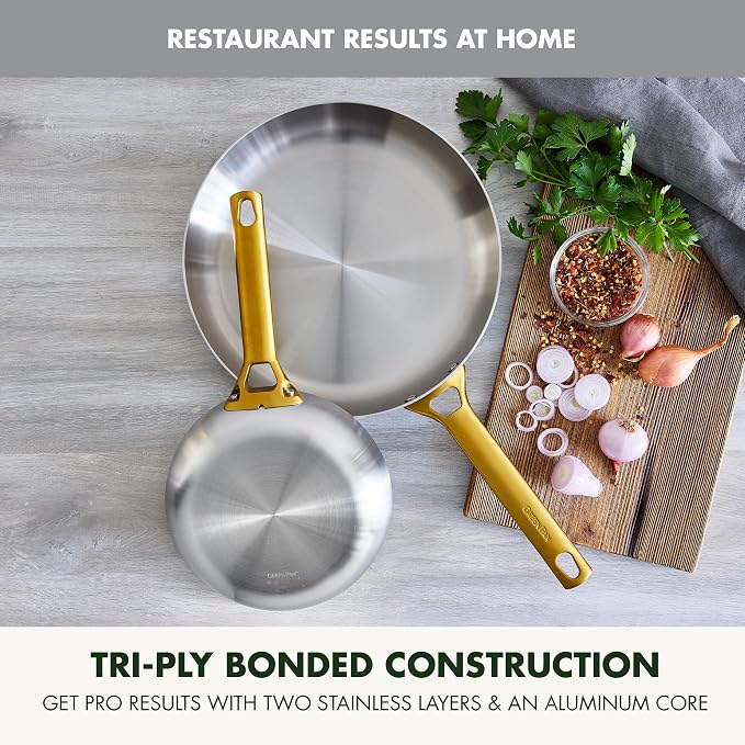GreenPan Stainless Steel Tri-Ply Reserve 10” and 12” Frying Pan Skillet Set, Multiclad Cookware, Induction, Oven & Broiler Safe to 600°F, Heat Responsive Core, Dishwasher Safe, Gold Handles
