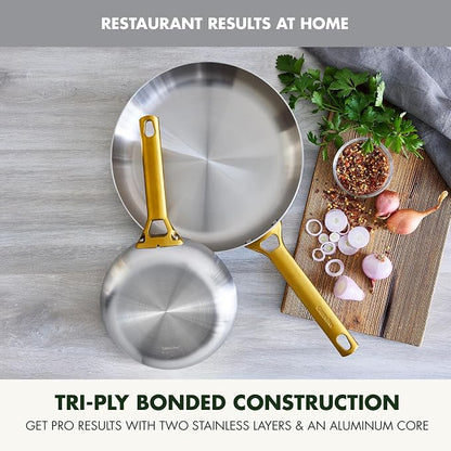 GreenPan Stainless Steel Tri-Ply Reserve 10” and 12” Frying Pan Skillet Set, Multiclad Cookware, Induction, Oven & Broiler Safe to 600°F, Heat Responsive Core, Dishwasher Safe, Gold Handles
