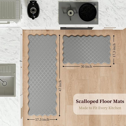 Arenarug Upgrade Scalloped Embossed Kitchen Mats for Floor 2PCS Cushioned Anti Fatigue Waterproof Foam Kitchen Rugs Non Slip Washable Comfort Standing Mat for Office Sink Laundry, Gray