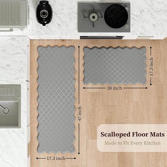 Arenarug Upgrade Scalloped Embossed Kitchen Mats for Floor 2PCS Cushioned Anti Fatigue Waterproof Foam Kitchen Rugs Non Slip Washable Comfort Standing Mat for Office Sink Laundry, Gray