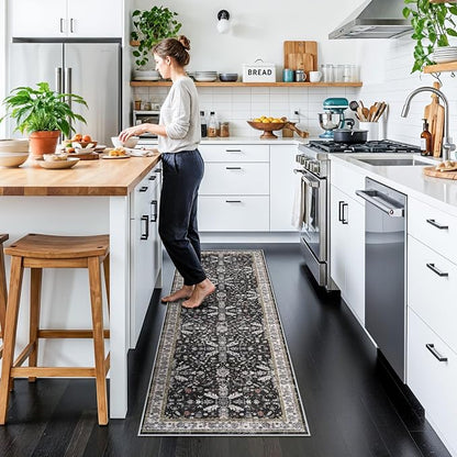 2x6 Washable Kitchen Runner Rug – Non-Slip Boho Vintage Carpet Runner for Hallway, Entryway, Bedroom & Bathroom – Soft Low-Pile Thin Area Rug with Rubber Backing (Black,2x6)