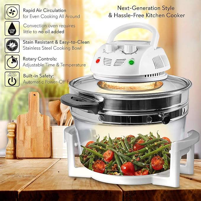 NutriChef Air Fryer, Infrared Convection Oven, Halogen Oven Countertop, Healthy Cooking, Stainless Steel, 13 Quart 1200W, Prepare Quick Healthy Meals, Great for French Fries & Chips (White)