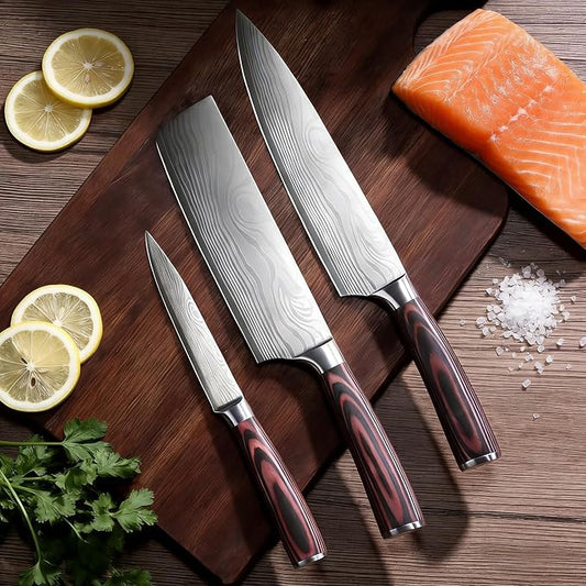3 Pieces Knife Set, High Carbon Stainless Steel Professional Kitchen Knife Set, Ultra Sharp Chef Knives Sets with Ergonomic Wooden Handle