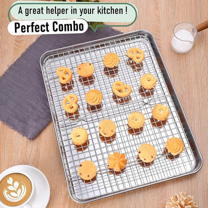 Homikit Baking Sheet with Wire Rack Set (1 Pan+1 Rack), 16" x 12" Stainless Steel Cookie Bacon Pan for Oven, Nonstick Jelly Roll Pan Baking Tray with Grid Cooling Rack for Cook Roast, Dishwasher Safe