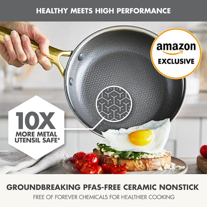 GreenPan Hybrid 6-Piece Frying Pan Set (8, 10, 12-inch Skillets with Glass Lids), Ceramic Nonstick with Tri-Ply Stainless Steel, Induction & All Cooktop Compatible, Dishwasher & Oven Safe, Gold