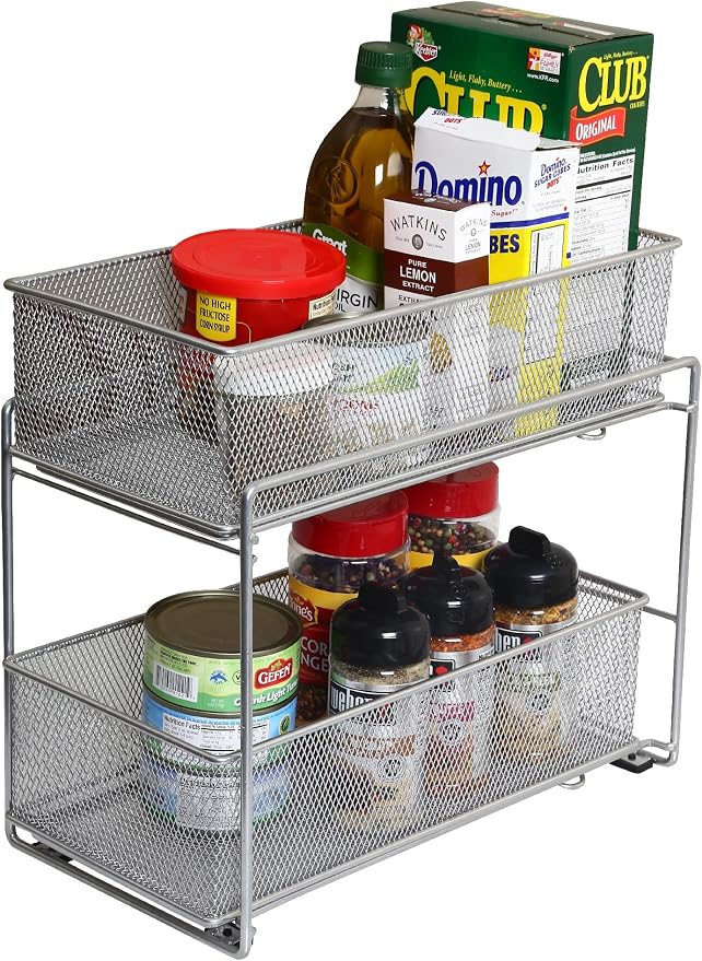 YBM Home Silver 2 Tier Mesh Sliding Spice and Sauces Basket Cabinet Organizer Drawer 2304