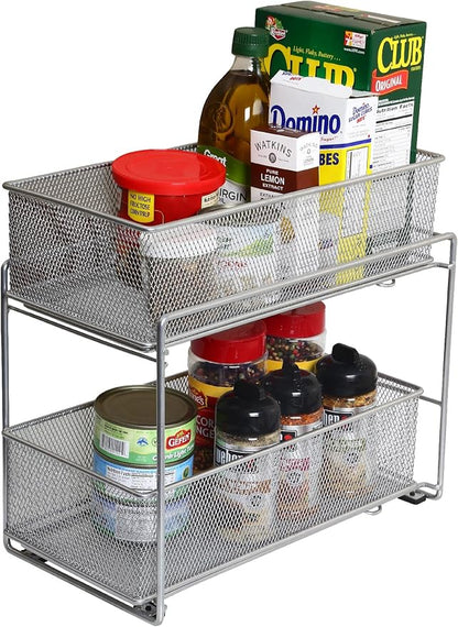 YBM Home Silver 2 Tier Mesh Sliding Spice and Sauces Basket Cabinet Organizer Drawer 2304