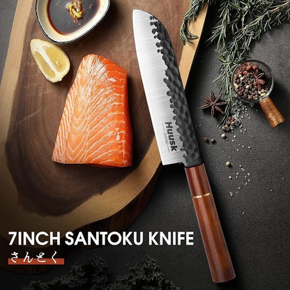 Huusk Japan Knife, 7 Inch Santoku Kitchen Knife, Professional Japanese Chefs Knives Hand Forged High Carbon Steel Sharp Chopping Knives, Ergonomic Rosewood Handle, for Meat, Fish,Ideal Gifts