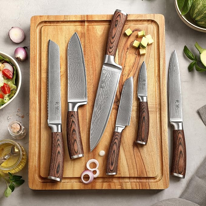 Wakoli EDIB 6-Piece Damascus Knife Block Set, VG10 Core 67-Layer Damascus Steel Kitchen Knives with Magnetic Acacia Wood Block, Ergonomic Pakkawood Handles, Hand Wash Only