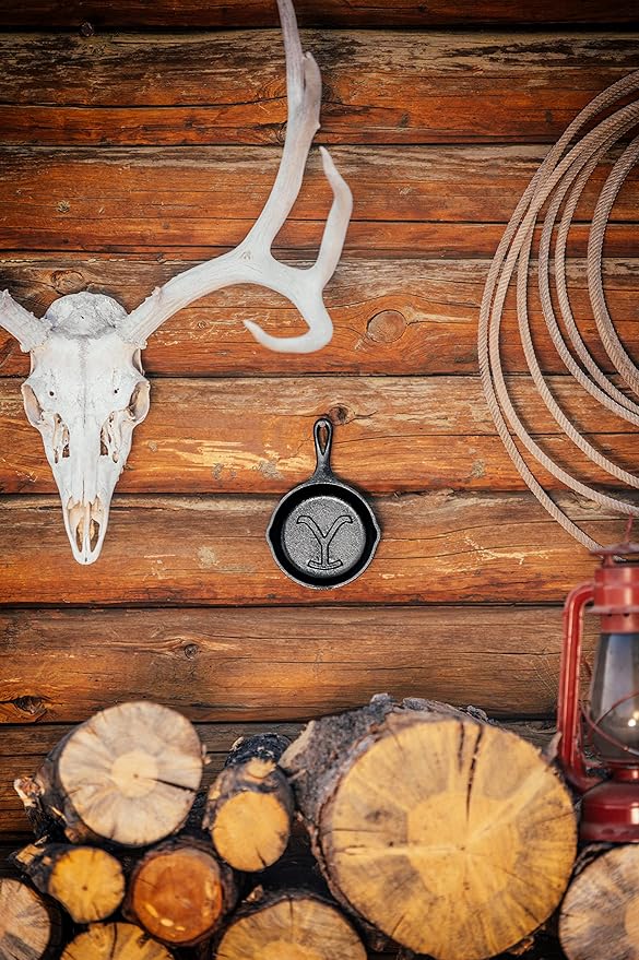Lodge Pre-Seasoned Yellowstone Stamped Cast Iron Cookware - Signature Teardrop Handle - Use in the Oven, on the Stove, on the Grill, or Over a Campfire - Power Y 5 Inch Skillet