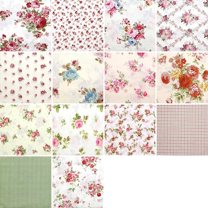 Nodsaw 14-Pieces Vintage Floral Fat Quarters Fabric Bundles Pre-Cuts 18" x 22" - Retro Floral, Rose & Check Prints Cotton Fabric for Quilting, Sewing, Patchwork, and DIY Crafts