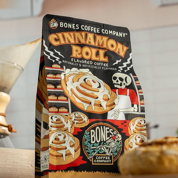 Bones Coffee Company Decaf Cinnamon Roll Decaffeinated Flavored Coffee, Medium Roast Low Acid Arabica Beans Compatible with Auto drip and French Press Coffee Maker, 12 Oz Ground