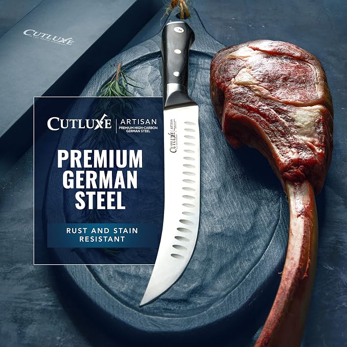 Cutluxe Butcher Knife – 10″ Cimeter Breaking Knife for BBQ & Brisket, Razor Sharp Forged German Steel, Full Tang Meat Carving Knife, Pakkawood Handle, Grilling Gifts for Men – Artisan Series