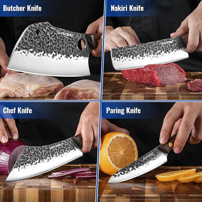 4-Piece Butcher Knife Set with 7” Cleaver, 8” Chef Knife, 8” Nakiri & 5” Utility Knife – Hand Forged Full Tang Kitchen Knives with Sharpening Stone for BBQ, Meat, Veggies & Outdoor Cooking