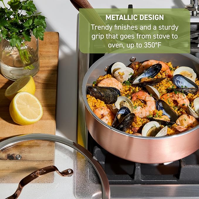 T-fal Preserve Ceramic, Non stick Cookware Set 13-Piece, Oven & Broiler Safe up to 350°F, Includes Stockpot, Saucepans, Frying Pans, Protectors, Pots and Pans, Rose Gold