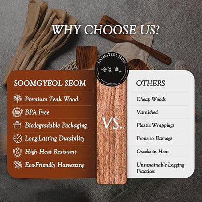 SOOMGYEOL SEOM 9-Piece Teak Wood Cooking Utensil Set with Holder | Wooden Spoons and Spatulas, Countertop Organizer, Heat Resistant, Kitchen Tools