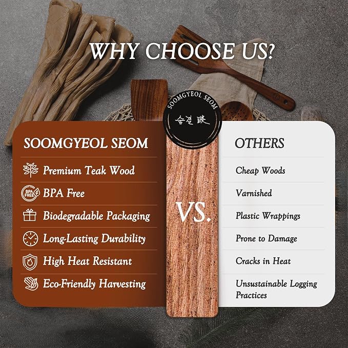 SOOMGYEOL SEOM 6-Piece Teak Wood Cooking Utensil Set | Wooden Spoons and Spatulas, Nonstick Safe, Heat Resistant, Natural Wooden Kitchen Tools