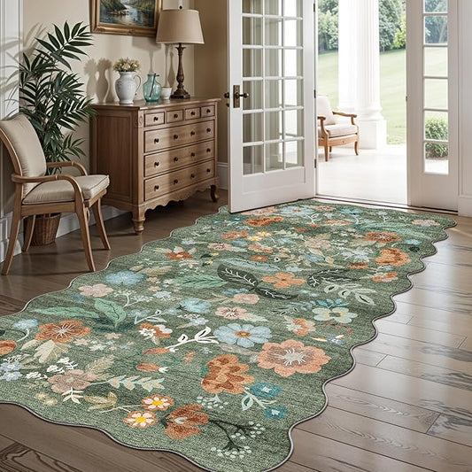 4x8 Washable Area Rug for Family: Stain Resistant Wide Floral Scalloped Kitchen Rug Soft Carpet for Entryway Bathroom Bedroom Farmhouse Living Room Floor Mat with Non Slip Backing(4x8, Floral/Green)