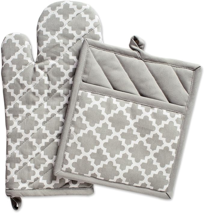DII Lattice Basics Collection Kitchen Essentials, Oven Mitt & Potholder Set, Gray, 2, Piece