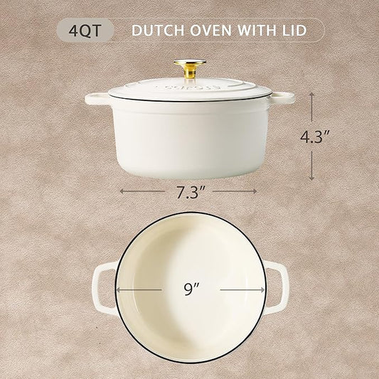 CAROTE Enameled Cast Iron Dutch Oven Pot with Lid, 4 QT Dutch Ovens, Heavy-Duty Cast Iron Pot for Sourdough Bread Baking, Braising, Stews, Roasting, Healthy & Non-Toxic, Dual Handles, All Stovetop Compatible, Oven Safe up to 500° F, Cream White