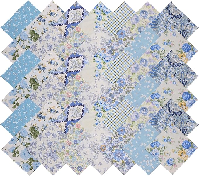 Nodsaw 42pcs 5" Vintage Blue Floral Cotton Fabric Squares - Precut Fabric Quilting Charm Pack - Assorted Print Quilt Fabric Squares 5x5 inch for Sewing, DIY Crafts, and Home Decor, Sunshine Blooms