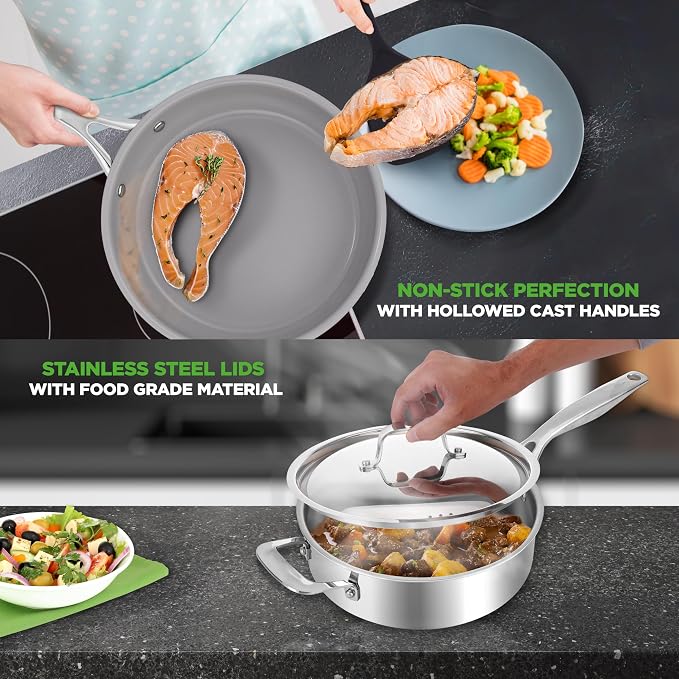 NutriChef 12-Piece Professional Stainless Steel Cookware Set – Tri-Ply Pots, Ceramic Non-Stick Fry Pans, Induction Compatible, Strong Riveted Handles, Dishwasher Safe
