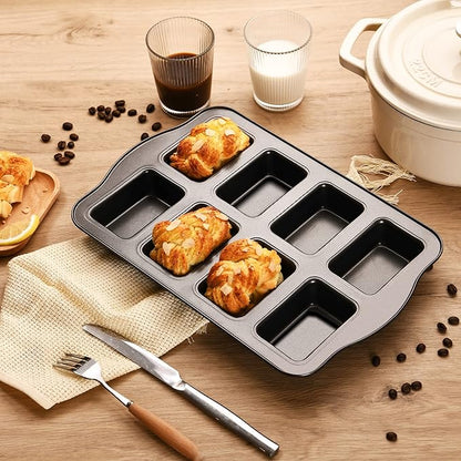 HONGBAKE Mini Loaf Baking Pans, Nonstick Small Cornbread Pan, Tiny Banana Bread Pan, Heavy Duty Carbon Steel Brownie Tin, 8-Cavity, Dark Grey