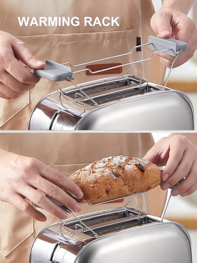 Yabano Retro Bagel Toaster - 2 Slice, 2 Extra Wide Slots, 7 Shade Settings, Defrost/Bagel/Cancel, Removable Crumb Tray, Stainless Steel, Silver