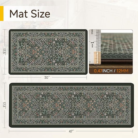 Kitchen Mats for Floor Thick Anti Fatigue Waterproof Vintage Spring Floral Kitchen Rugs 2PCS Cushioned Non Slip Black Green Comfort Standing Mats for Sink Laundry Office 17.3"×47"+17.3"×30"