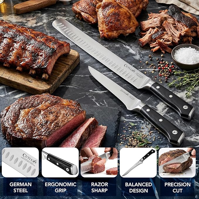 Cutluxe Carving Knife Set for BBQ & Brisket – Razor Sharp German Steel Slicing and Boning Knife for Meat Cutting, Full Tang & Ergonomic Handle, Fathers Day Gift For Dad – Artisan Series