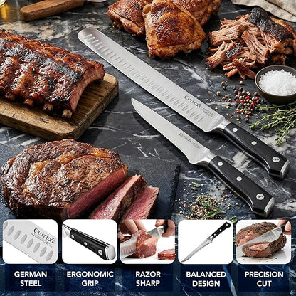 Cutluxe Carving Knife Set for BBQ & Brisket – Razor Sharp German Steel Slicing and Boning Knife for Meat Cutting, Full Tang & Ergonomic Handle, Fathers Day Gift For Dad – Artisan Series