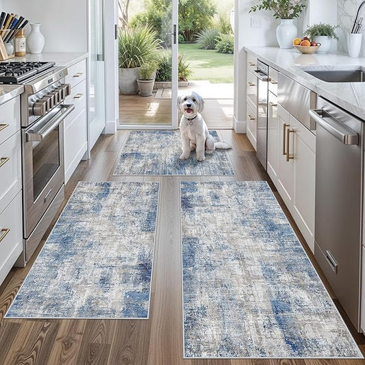 Kitchen Mats for Floor 3 Piece Set, Washable Non-Slip Farmhouse Kitchen Rugs for Hardwood Floor, Rustic Floral Boho Runner Rug for Sink,Entryway & Hallway & Bathroom (Blue/Grey/Ivory,2x3+2x4+2x5)