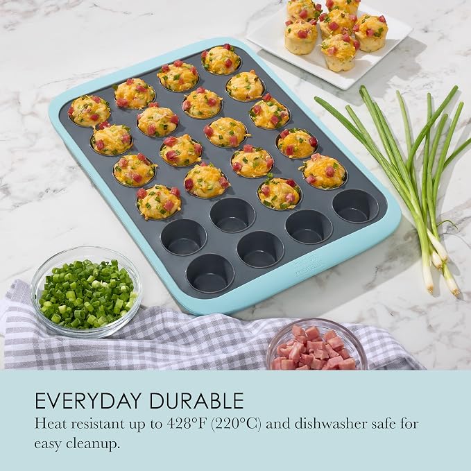 Chicago Metallic Silicone Mini Muffin Pan 24 Cup, Nonstick Cupcake Pan with Wire-Reinforced Rim, Oven Safe Flexible Baking Mold for Muffins, Egg Bites, and More, Blue, 14.6 x 10 Inches