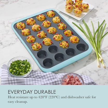 Chicago Metallic Silicone Mini Muffin Pan 24 Cup, Nonstick Cupcake Pan with Wire-Reinforced Rim, Oven Safe Flexible Baking Mold for Muffins, Egg Bites, and More, Blue, 14.6 x 10 Inches