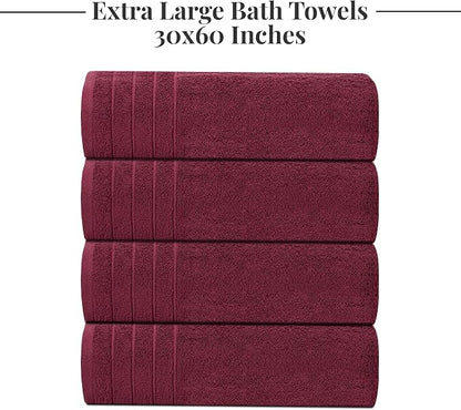 Tens Towels Pack of 4 Extra Large Bath Towels 30 x 60 Inches, 100% Cotton, Larger & Lighter Weight, Quicker to Dry, Super Soft and Absorbent, Perfect for Bathroom, Burgundy