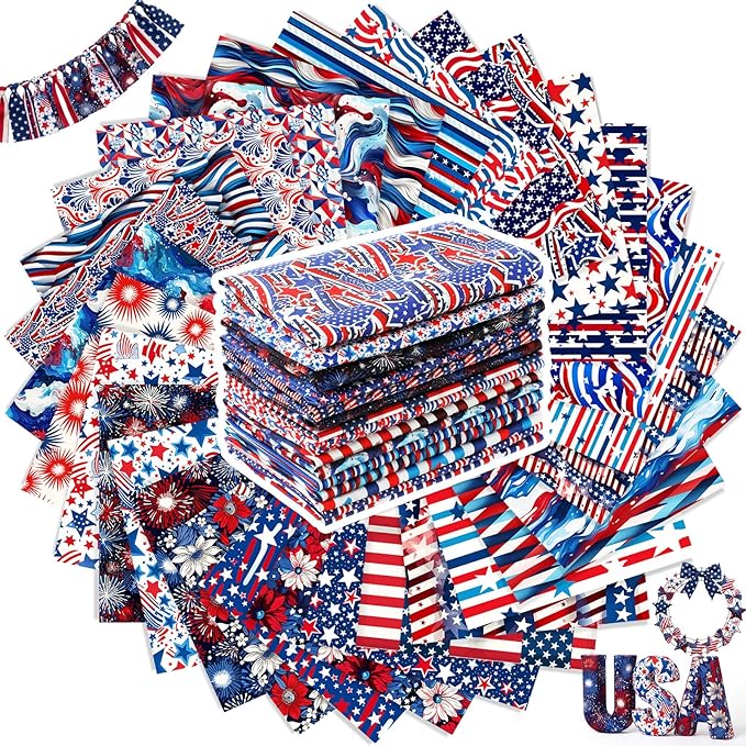 Tatuo 30 Pcs Patriotic Cotton Fabric Squares Bundle 10x10 Inch Red Blue White Precut Quilting Fabric 4th of July 30 Designs Star Stripe Fabrics for 250 Anniversary Sewing, Patchwork, DIY Crafts