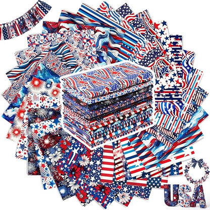 Tatuo 30 Pcs Patriotic Cotton Fabric Squares Bundle 10x10 Inch Red Blue White Precut Quilting Fabric 4th of July 30 Designs Star Stripe Fabrics for 250 Anniversary Sewing, Patchwork, DIY Crafts
