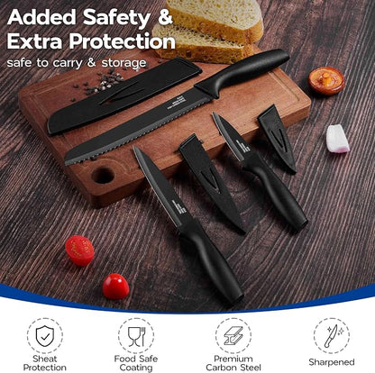 Onader Black Kitchen Knife Set, Stainless Steel Sharp Small Knives Set with Covers for Kitchen, 12 Pieces