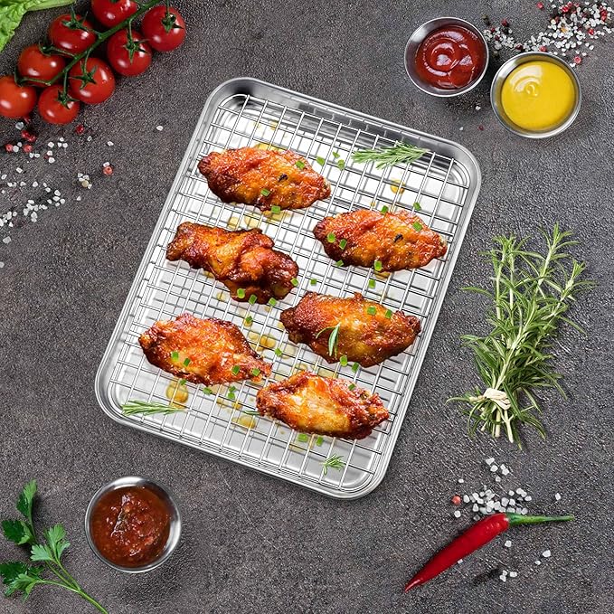P&P CHEF 9 Inch Toaster Oven Pan with Rack Set, Stainless Steel Baking Pan Tray and Grid Cooling Rack for Cooking/Roasting, Dishwasher Safe & Easy to Clean, Non-toxic & Sturdy, (2Pcs)