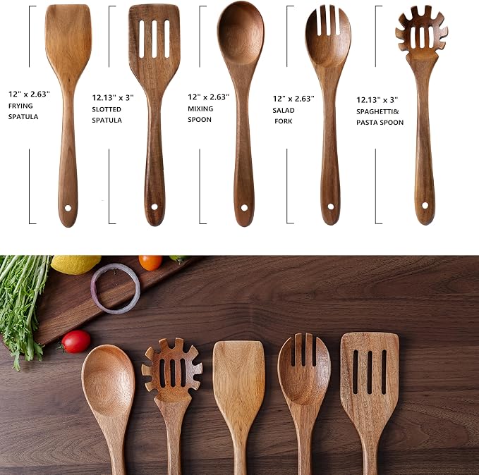 5-Piece Kitchen & Cooking Utensils Set - Natural Acacia Wood Material Includes Salad Spoons, Spaghetti Spoon, Salad Fork, Flat Spatula,Slotted Spatula- Essential Wooden Utensil Set for Cooking