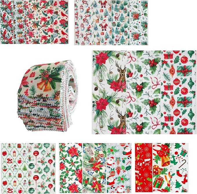 40 Pcs Precut Christmas Quilting Fabric Strips | 20 Designs, Pinking Edge Prevents Fraying | 2.5x19.7 Inch for DIY Craft & Sewing
