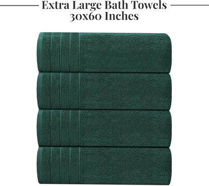 Tens Towels Pack of 4 Extra Large Bath Towels 30 x 60 Inches, 100% Cotton, Larger & Lighter Weight, Quicker to Dry, Super Soft and Absorbent, Perfect for Bathroom, Hunter Green