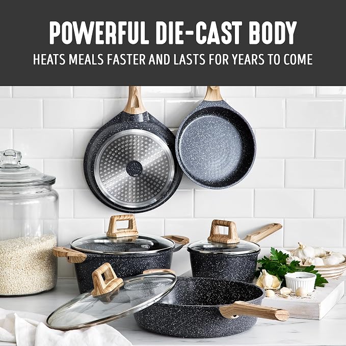 GreenLife 8 Piece Ceramic Nonstick Cookware Set, Induction Suitable Non Toxic PFAS-Free Pots & Pans, Dishwasher Safe, Cooking Set, Stock Pot, Saucepans & Frying Pans, Kitchen Cooking, Granite Black