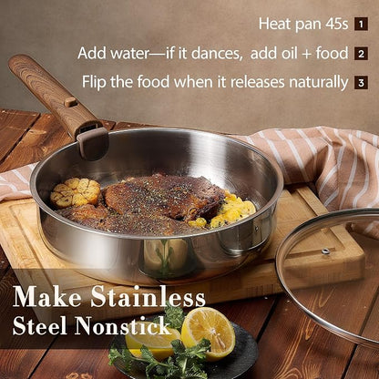 CAROTE 13pcs Tri-Ply Stainless Steel Cookware Set with Detachable Handle, Pots and Pans Set, Induction Kitchen Cooking Sets, RV/Camping Cookware, Oven Safe, Woodgrain Style