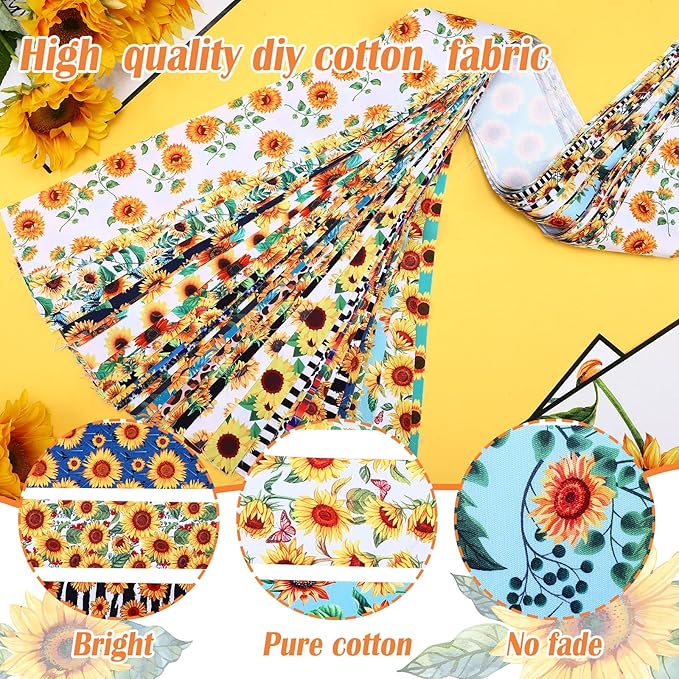 Kingdder 70 Pcs Sunflower Jelly Fabric Quilting Strips, 2.55 Inch Precut Cotton Patchwork Roll Cotton Quilting Fabric Bundle for Quilters and Sewing DIY Crafts